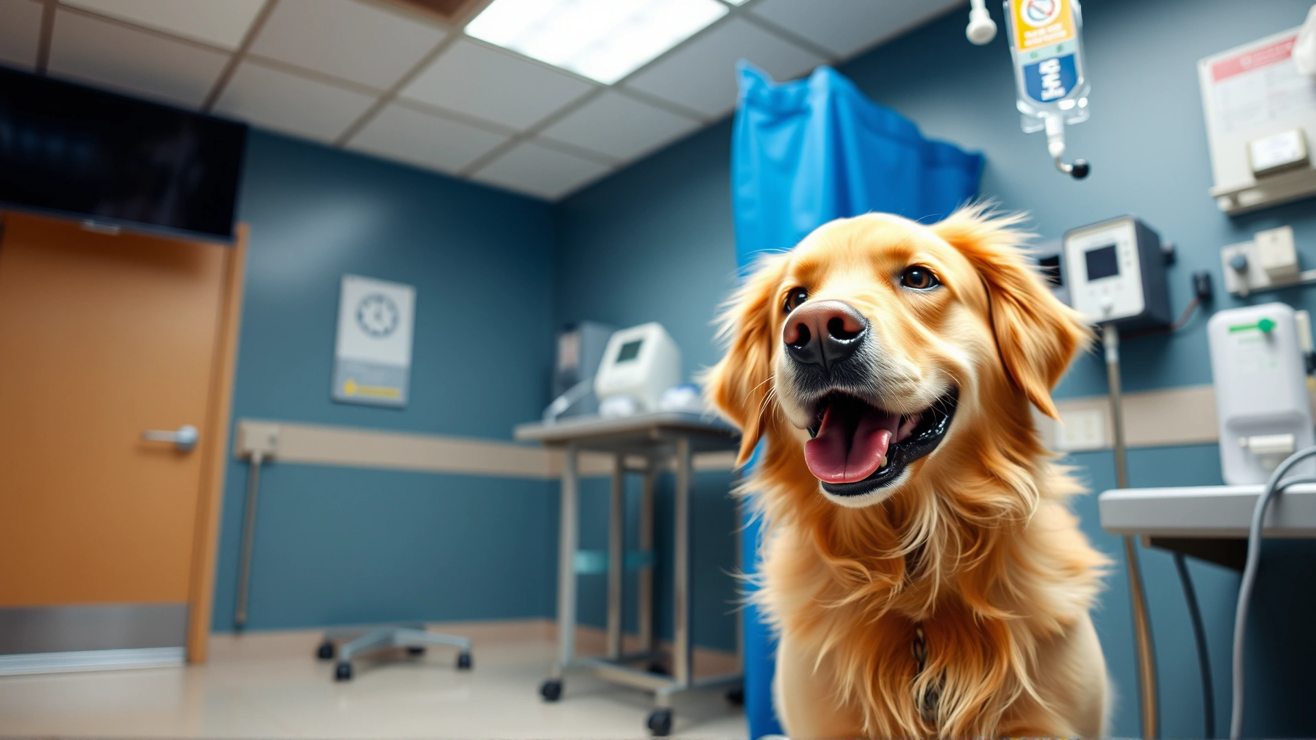 Wide-angle image of a happy Golden Retriever standing in a veterinary clinic with an IV drip stand beside it, conveying a reassuring and professional atmosphere.
