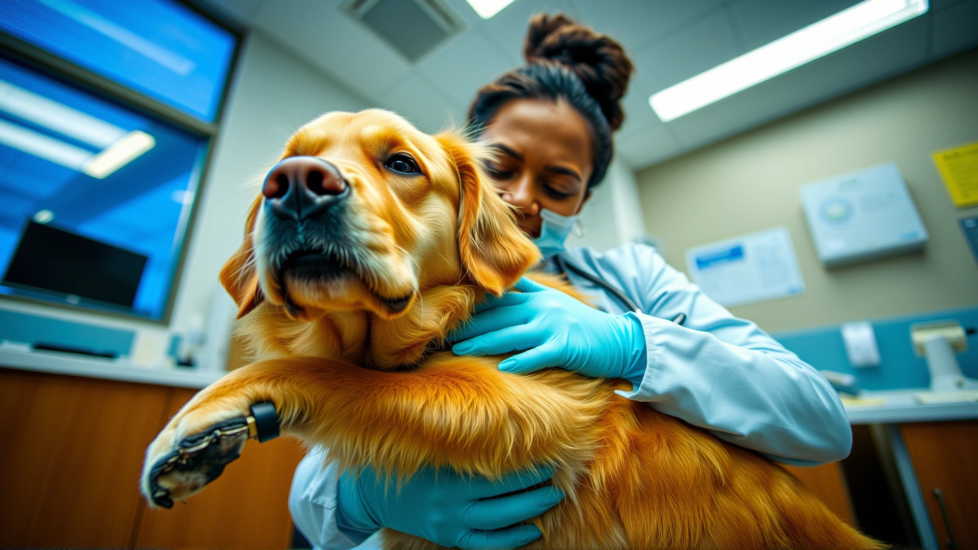 Wide-angle photo of a compassionate veterinarian gently hugging a golden retriever missing one hind leg inside a modern clinic, bright lighting