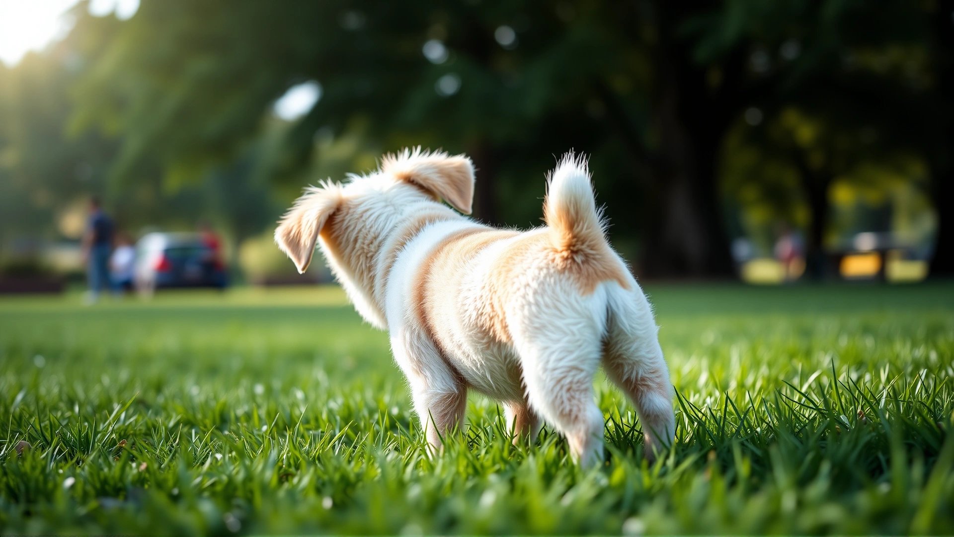 Wide-angle shot of a curious puppy looking back at its natural tail in a sunlit grassy park, shallow depth of field, vibrant colors