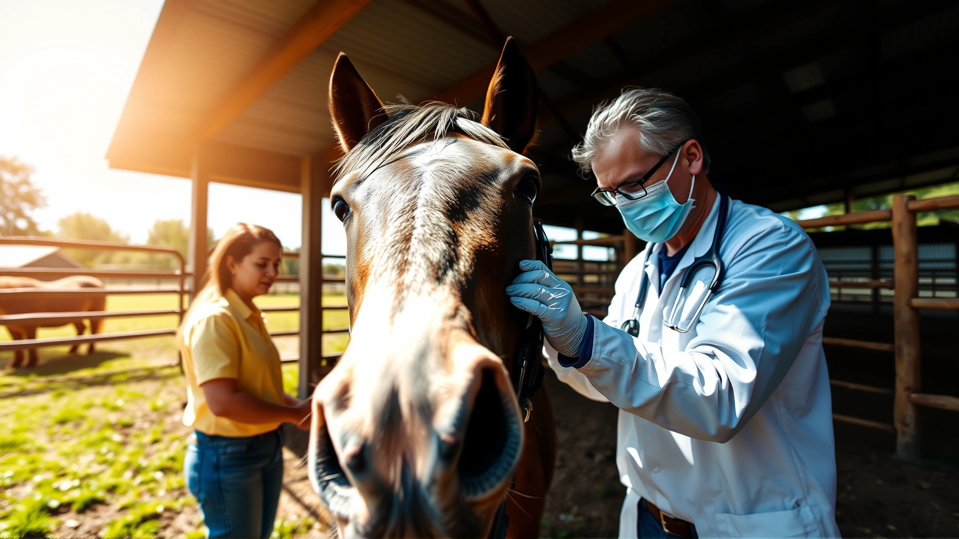 Wide-angle shot of a veterinarian examining a horse’s mouth outdoors in a sunny paddock; both veterinarian and horse owner visible, showcasing teamwork and care.