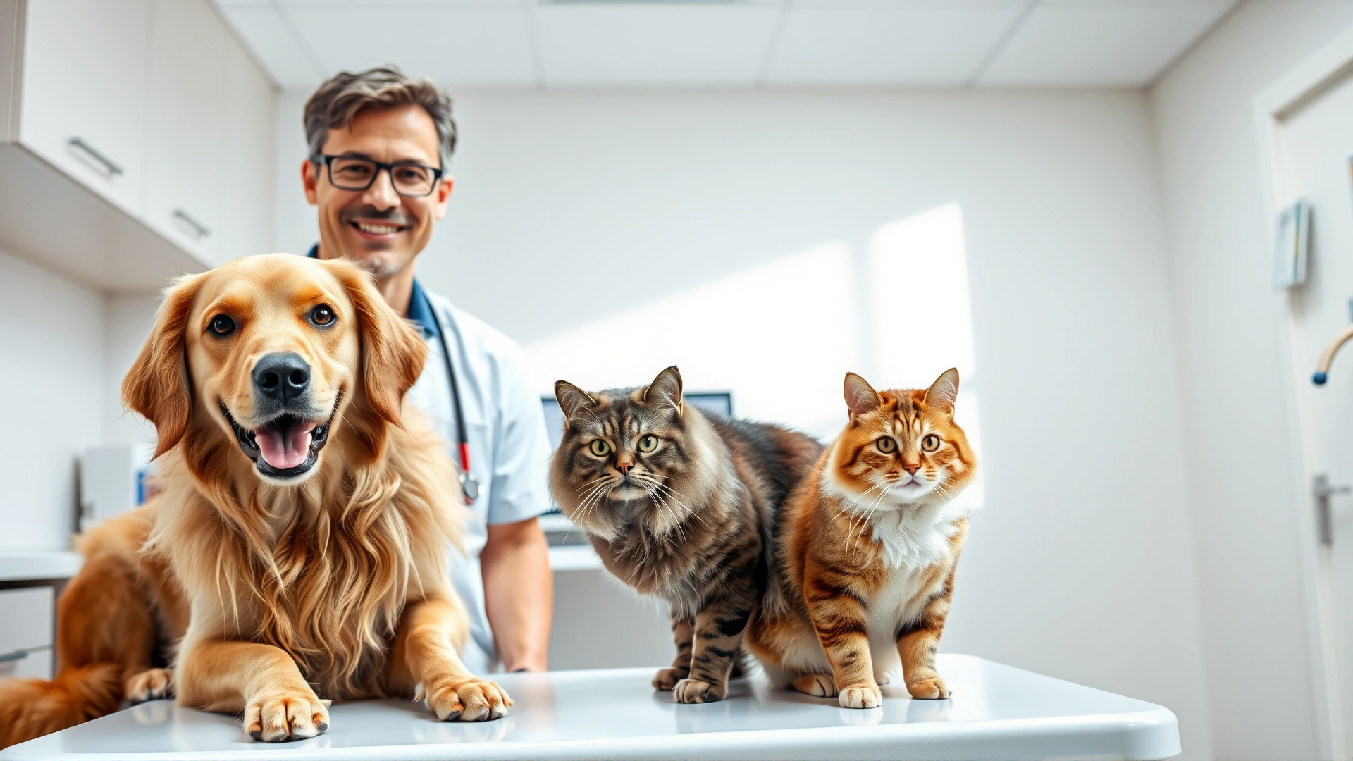 Friendly veterinarian smiling at the camera while a golden retriever dog and a domestic short-hair cat sit on the exam table, bright clinic setting, wide horizontal composition