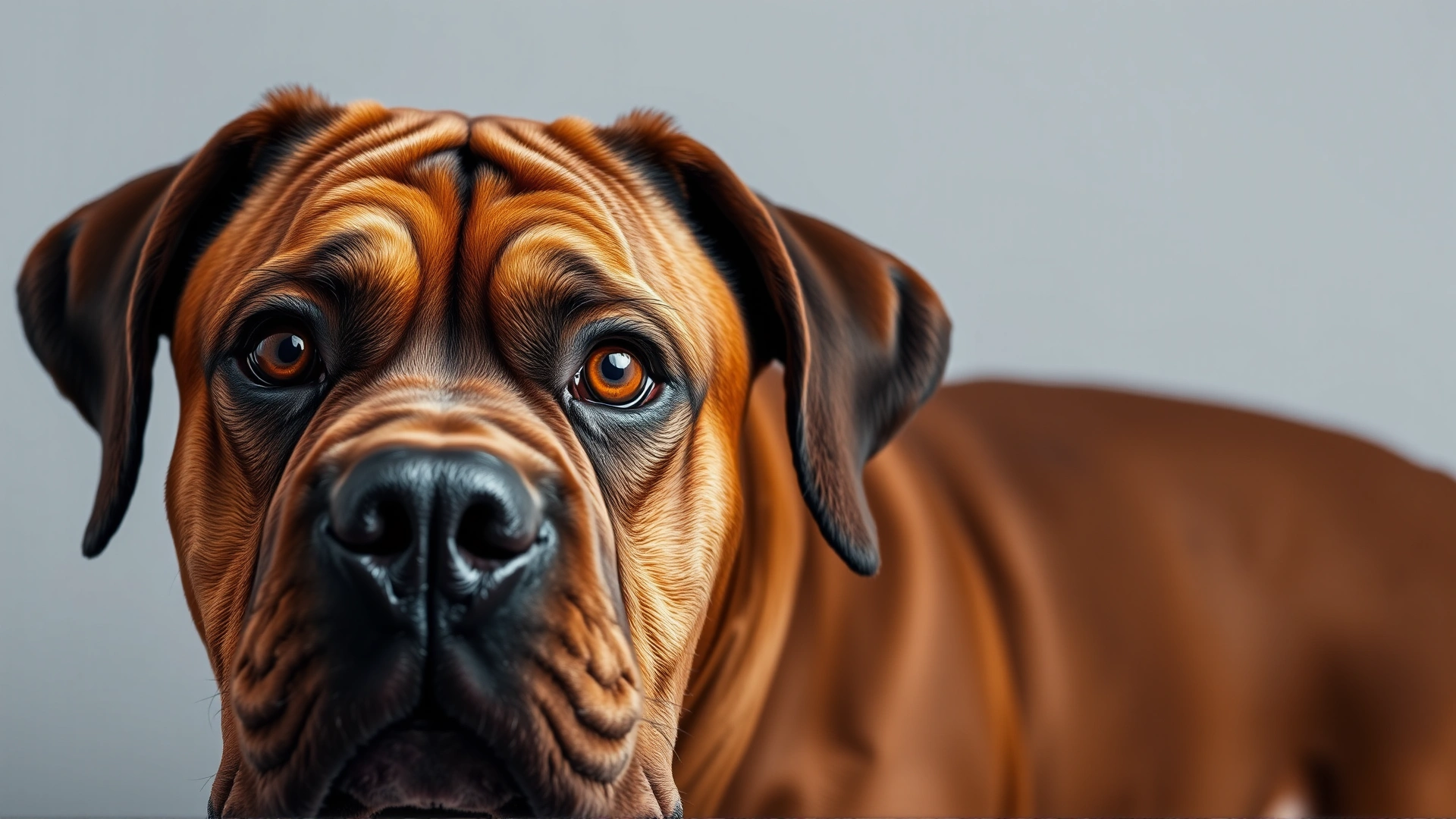 Studio close-up of a Dogue de Bordeaux looking directly at the camera, soft grey background, lighting that accentuates facial wrinkles and amber eyes