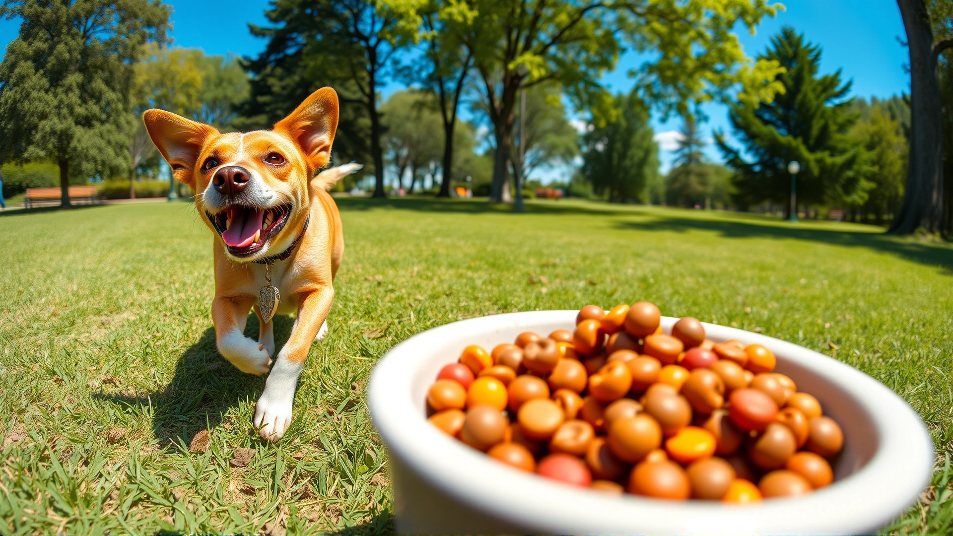 Wide angle shot of a joyful dog running toward camera in a grassy park with a bowl of colorful healthy kibble in foreground, sunshine and blue sky