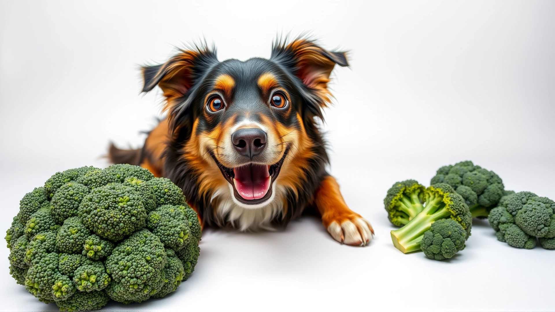 Wide-angle photo of a cheerful dog with bright eyes sitting beside a pile of fresh broccoli on a white background, shot in studio lighting