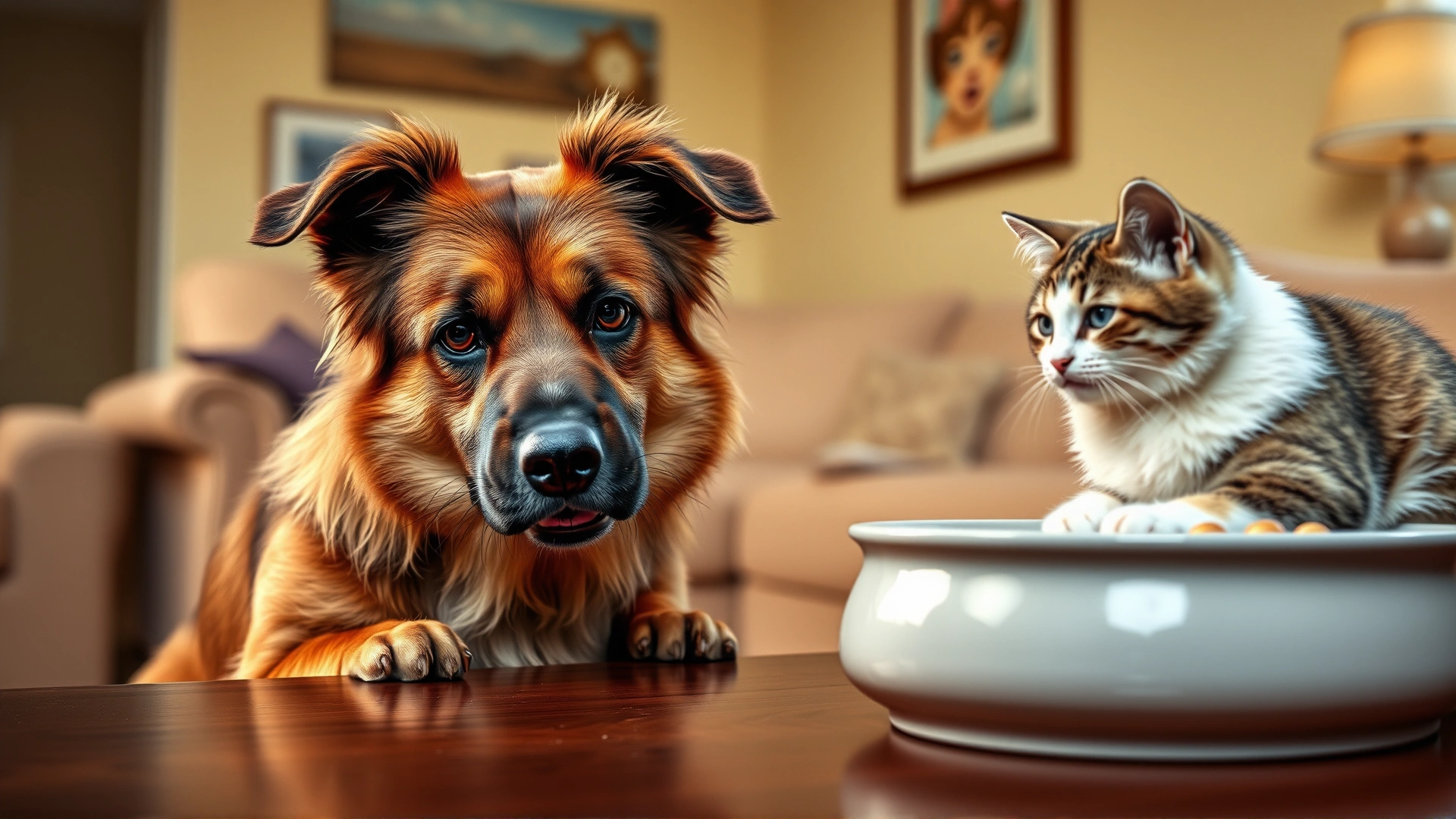Playful dog staring at a bowl of cat food while a cat sits on a nearby table, cozy living room, warm tones, no text