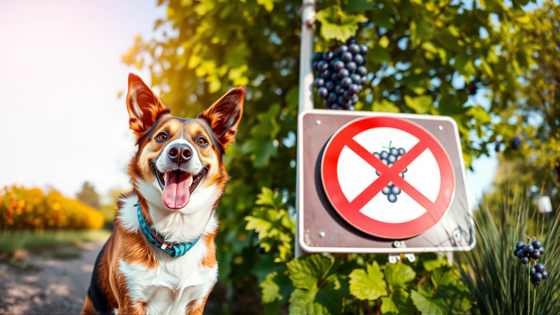 Wide-angle shot of a happy dog sitting next to a red warning sign with grapes crossed out, bright outdoor setting, vibrant colors, eye-catching composition