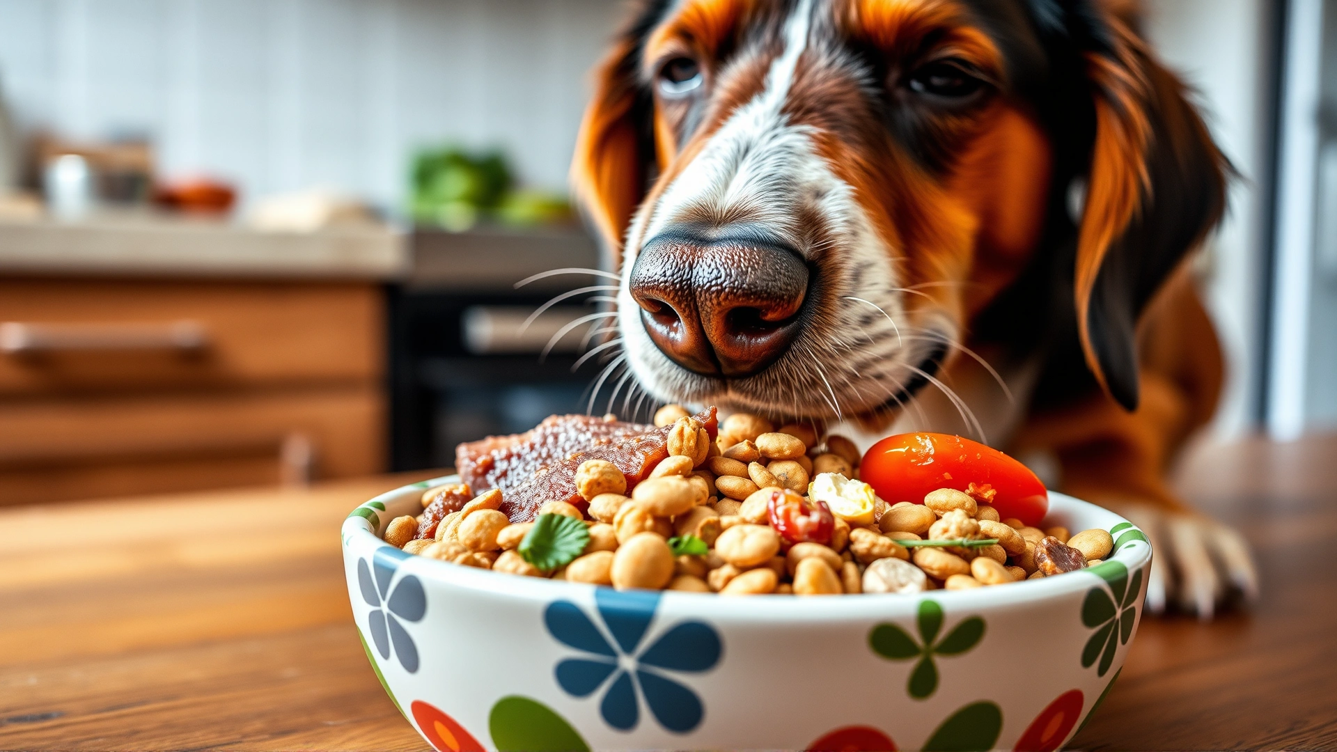 Close-up of a dog's muzzle sniffing a colorful bowl filled with balanced dog food ingredients such as meat, vegetables, and kibble, shot on a wooden kitchen table.