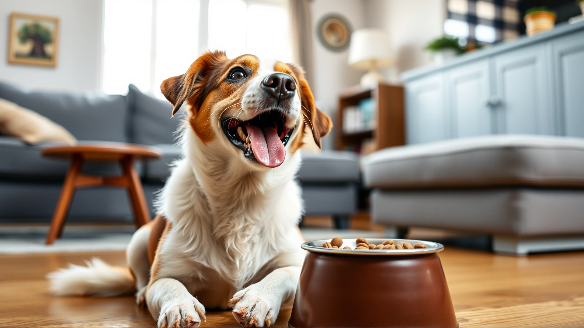 Close-up of a joyful dog looking up while sitting beside a full food bowl in a bright living room, inviting and friendly atmosphere