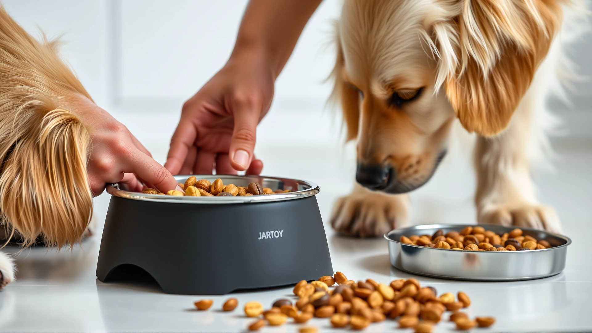 Close-up of a pet owner gently placing a balanced meal into a slow-feeder bowl for a golden retriever