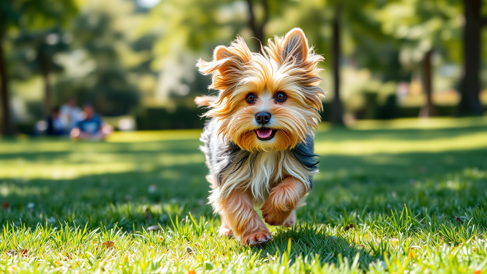 Cute adult Dorkie running through a sunny grassy park, ears flopping, motion blur behind, vibrant colors, wide angle