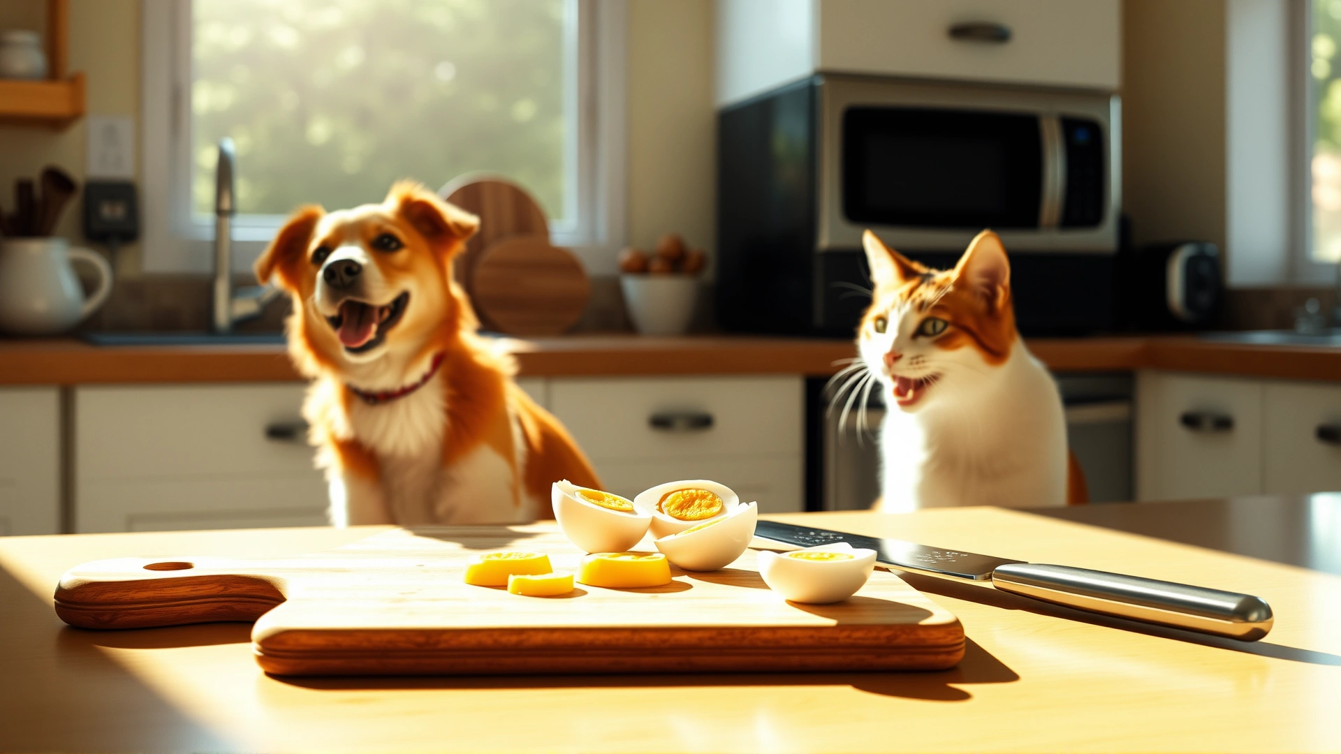 Bright, inviting kitchen scene with a happy dog and cat sitting near a countertop where a few boiled eggs are being sliced on a wooden cutting board. Sunlight streaming through a window, warm tones.