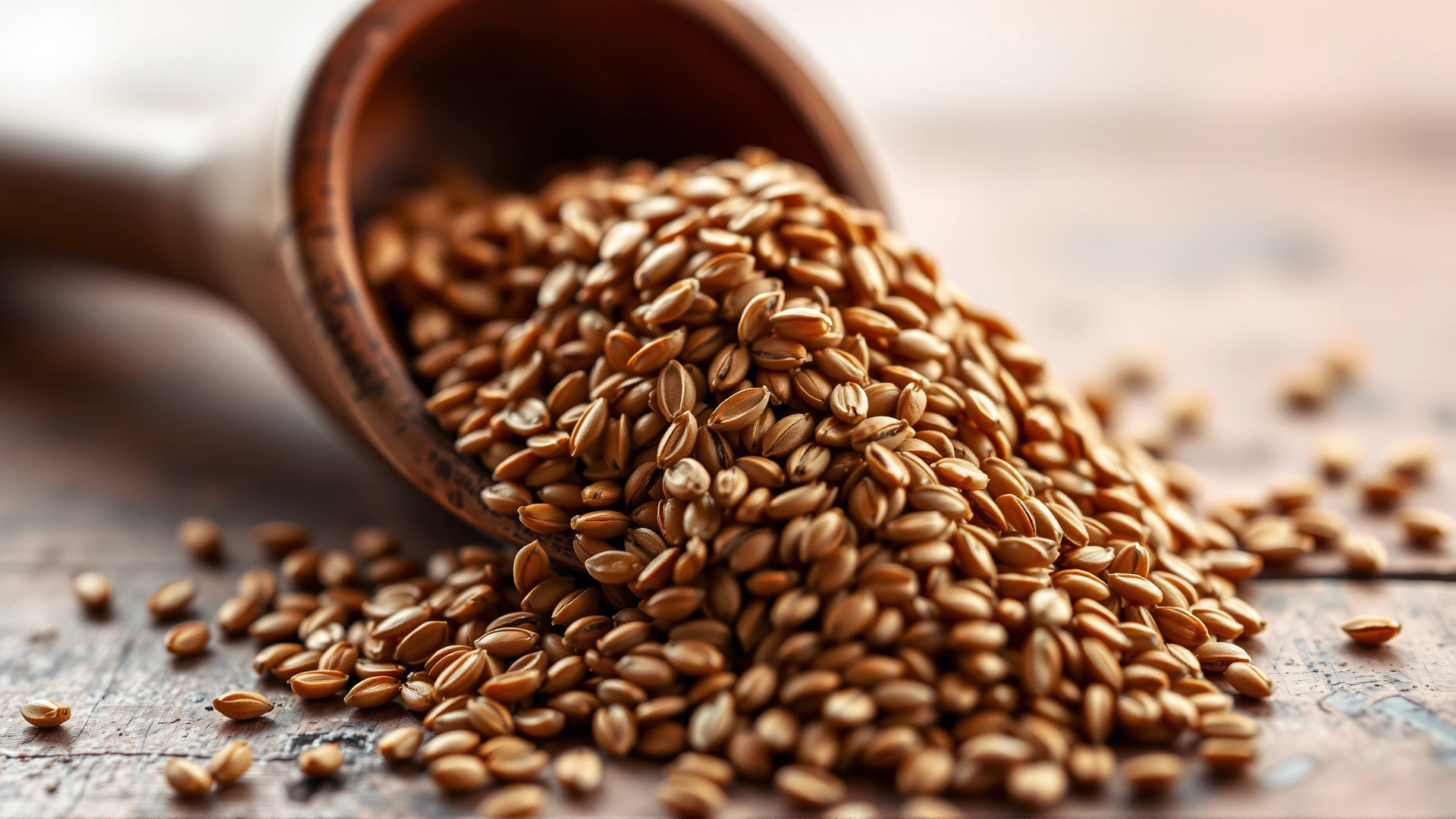 Close-up of flaxseeds spilling from a wooden spoon onto a rustic countertop, warm tones, shallow depth of field.