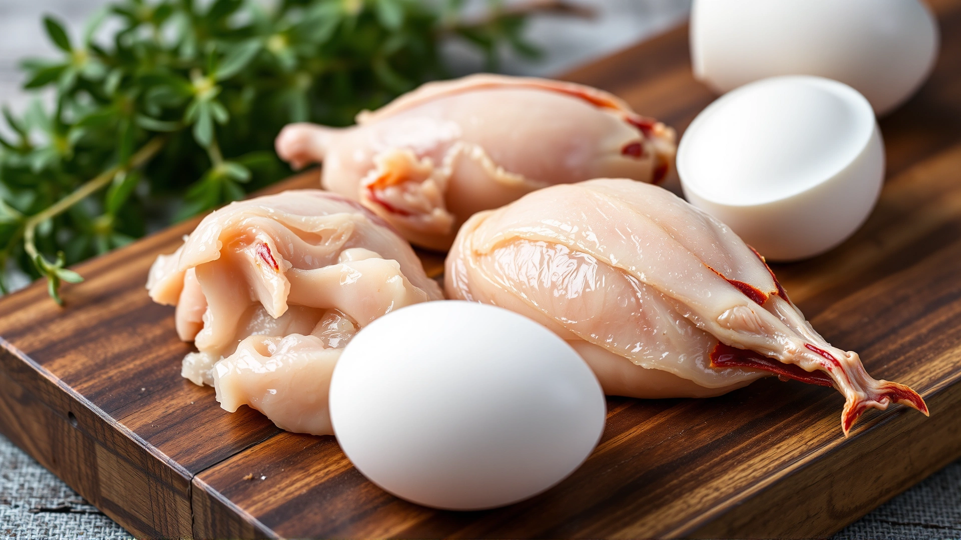 Close-up of raw quail pieces and quail eggs on a rustic wooden board, herbs blurred in the background, shallow depth of field, appetizing pet food photography.