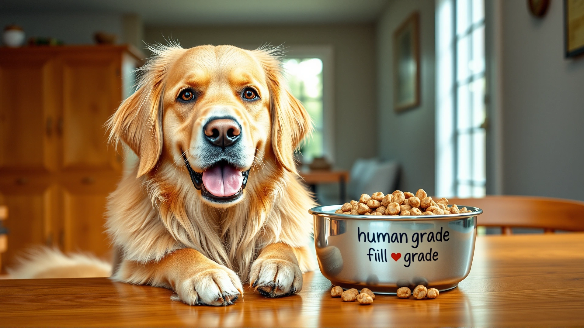 Friendly Golden Retriever sitting next to a bowl of kibble labeled 'human-grade' on a wooden table, bright natural lighting, warm home environment, realistic photo style.