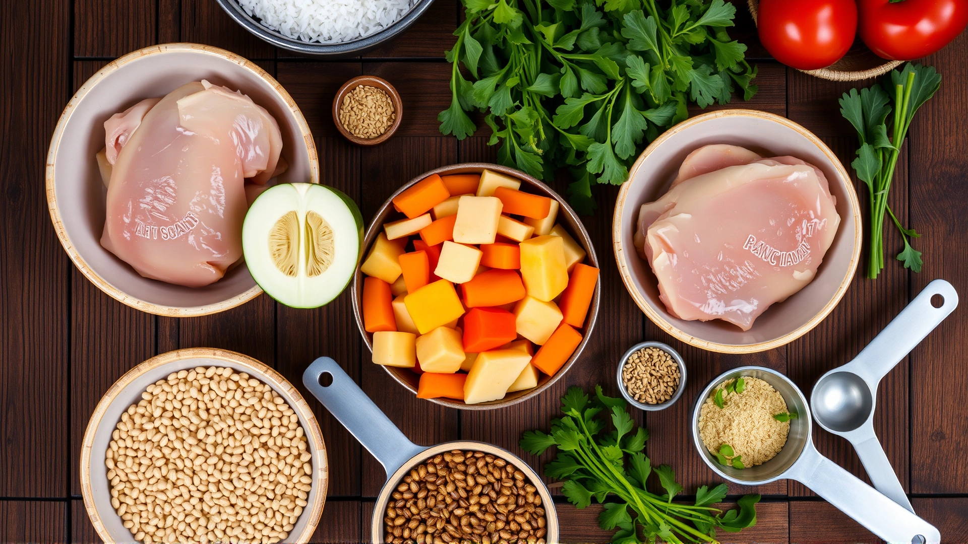 A top-down view of a rustic wooden table displaying bowls of raw chicken, fresh vegetables, whole grains, and measuring scoops arranged aesthetically to represent natural dog food ingredients
