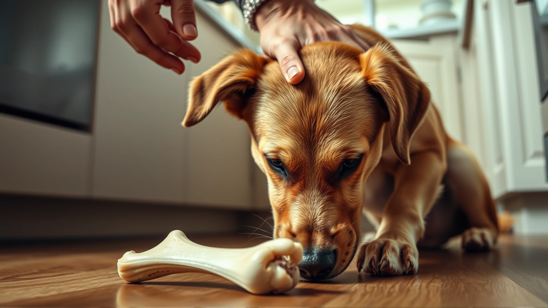 Close-up of a medium-sized dog sniffing a chicken bone on the floor while the owner's hand reaches to remove it, indoor kitchen lighting.