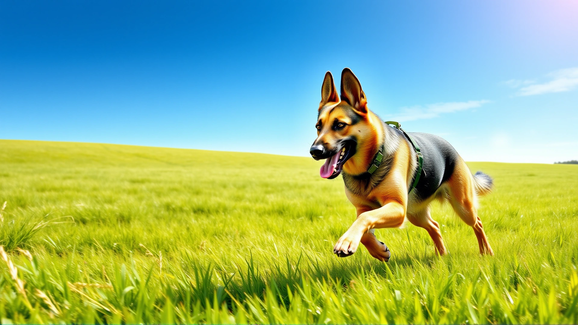 Dynamic wide shot of a Dutch Shepherd sprinting across a vibrant green meadow under a clear blue sky, ears perked and tongue out.