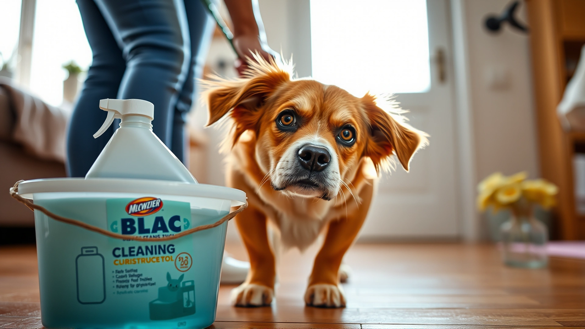 Close-up of a curious dog approaching a bucket filled with cleaning solution and a bleach bottle, with the owner gently pulling the dog back, bright home background.