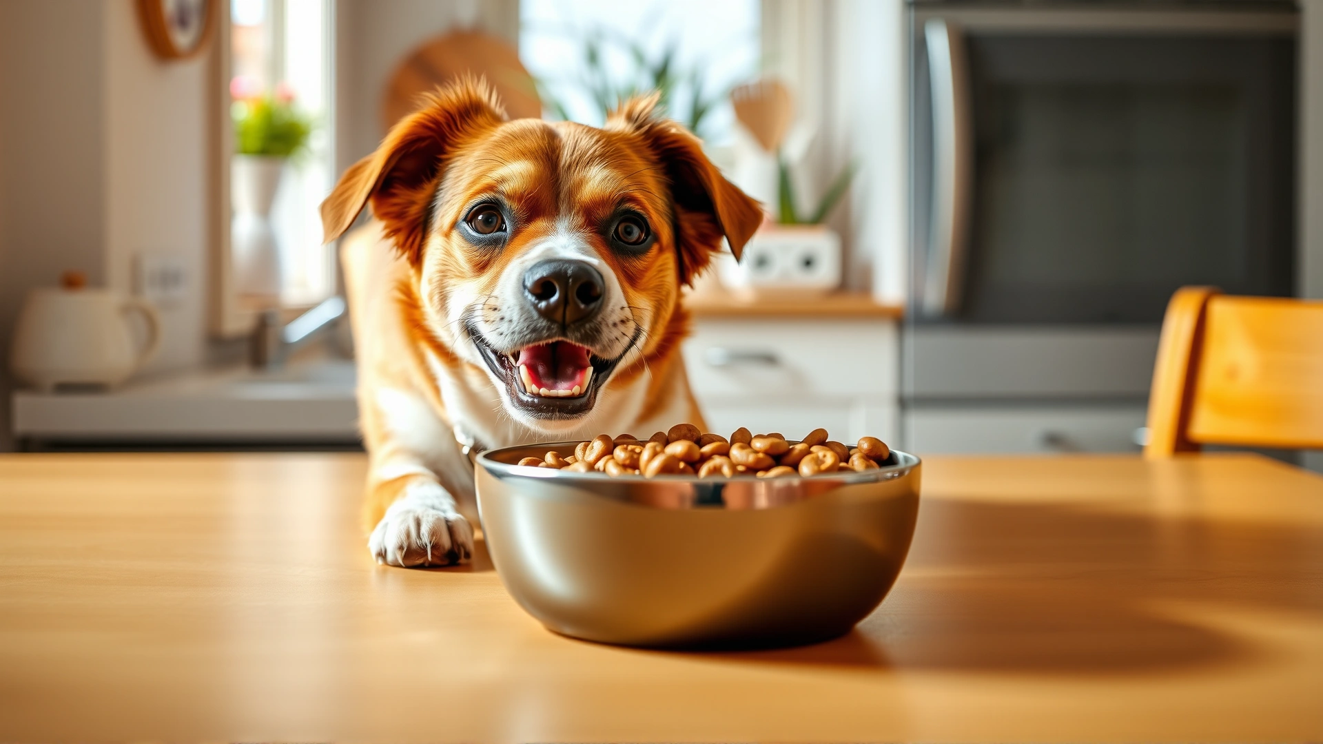 Happy healthy dog sniffing a fresh bowl of dog food on a bright kitchen table, warm feel, high resolution