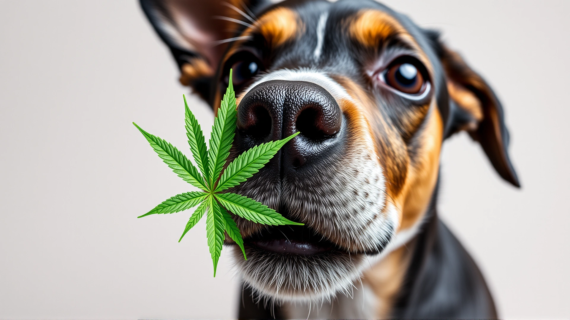 Close-up of a curious dog sniffing a fresh cannabis leaf on a neutral background, high resolution, no text.