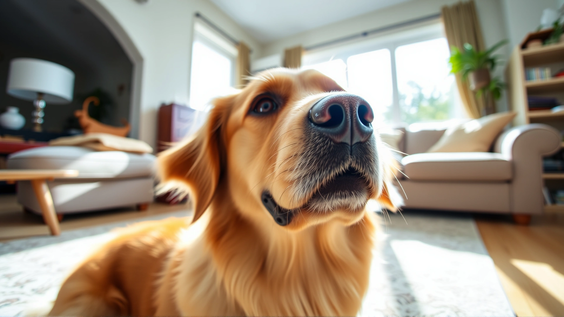 Wide-angle photo of a friendly golden retriever looking up, with a subtle redness in one eye, sitting in a sunlit living room.