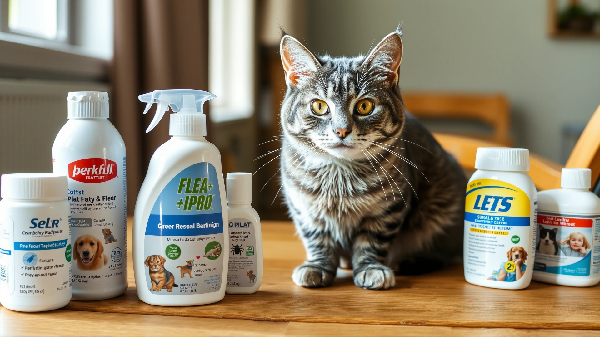 Wide-angle shot of a grey tabby cat sitting next to various flea and tick products on a wooden table, with one product clearly marked for dogs, soft natural light.