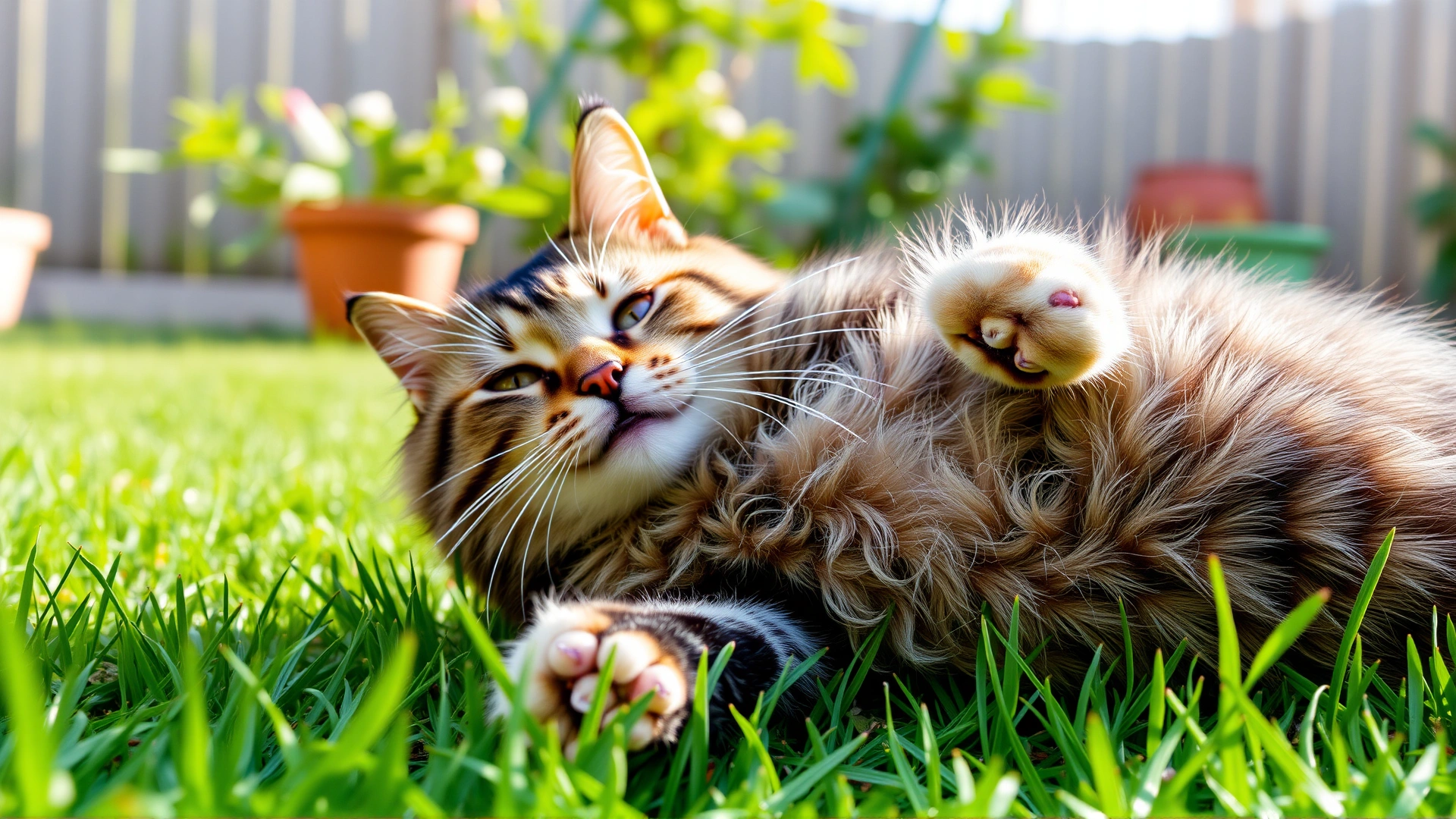 Happy domestic cat rolling on fresh green grass in a backyard during sunny morning, carefree mood, no text