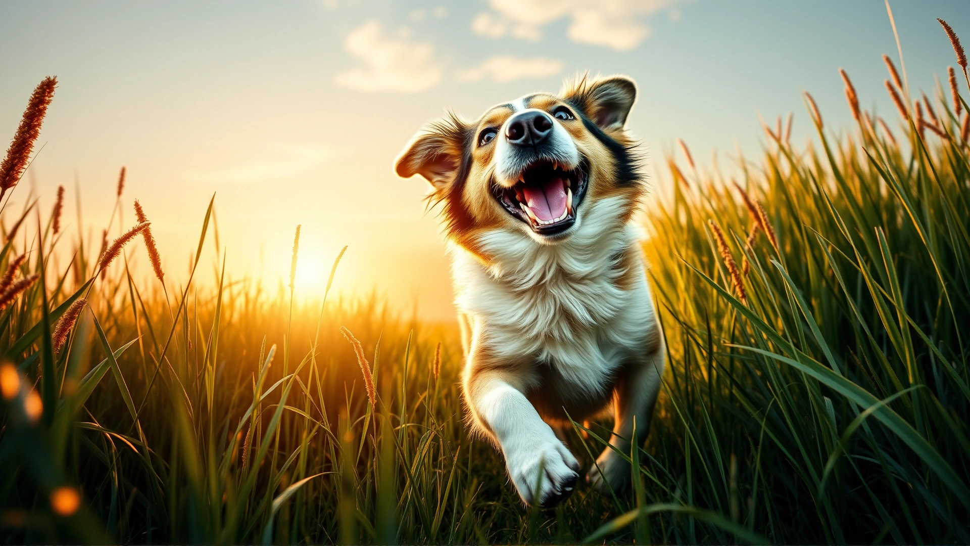 Close-up of a joyful dog running through tall grass at sunrise, symbolizing freedom from parasites.