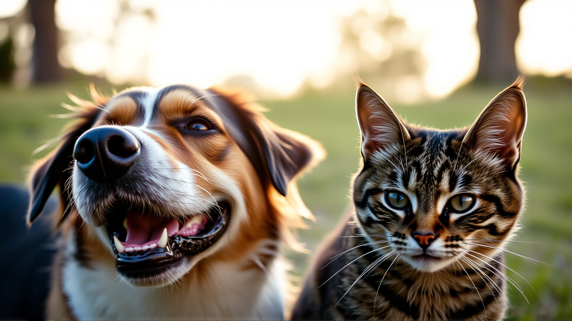 A close-up of a happy mixed-breed dog and a tabby cat outdoors in soft evening light, both scratching-free, with space around them for cropping, shallow depth of field.