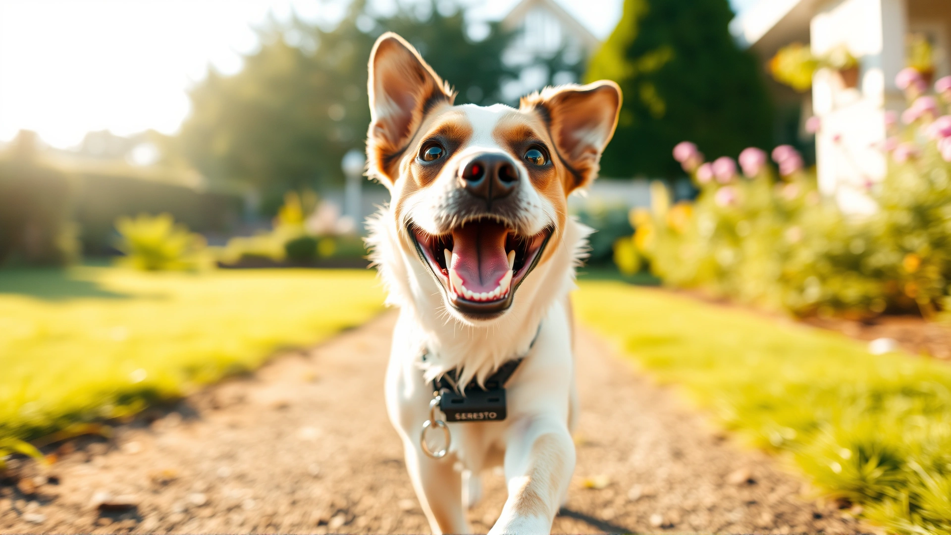 Close-up wide shot of a smiling dog running through a sunlit garden, wearing a Seresto collar, with motion blur in the background to convey energy.