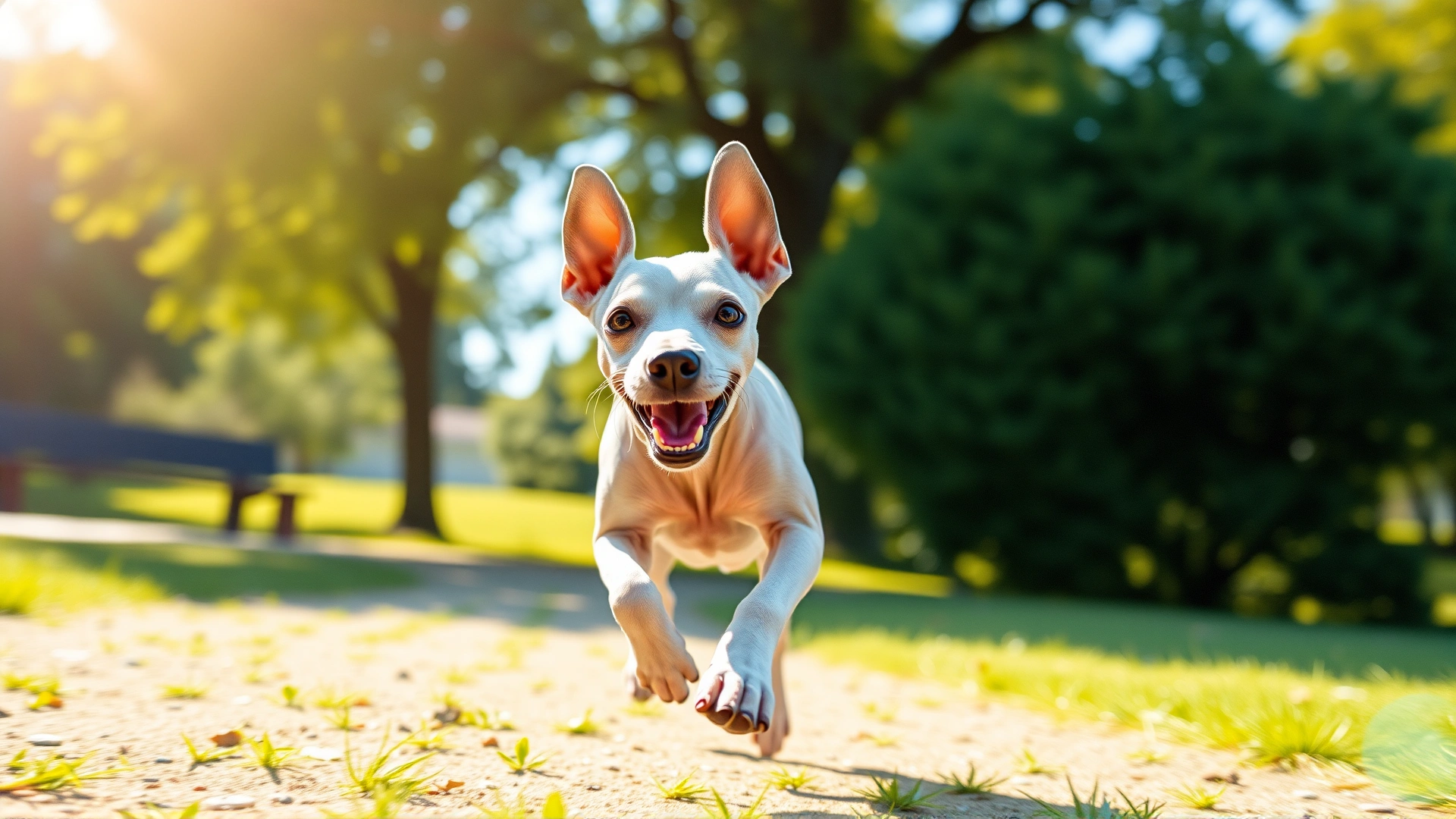 Dynamic shot of an American Hairless Terrier running toward the camera in a sunny park, capturing motion and joy, high resolution