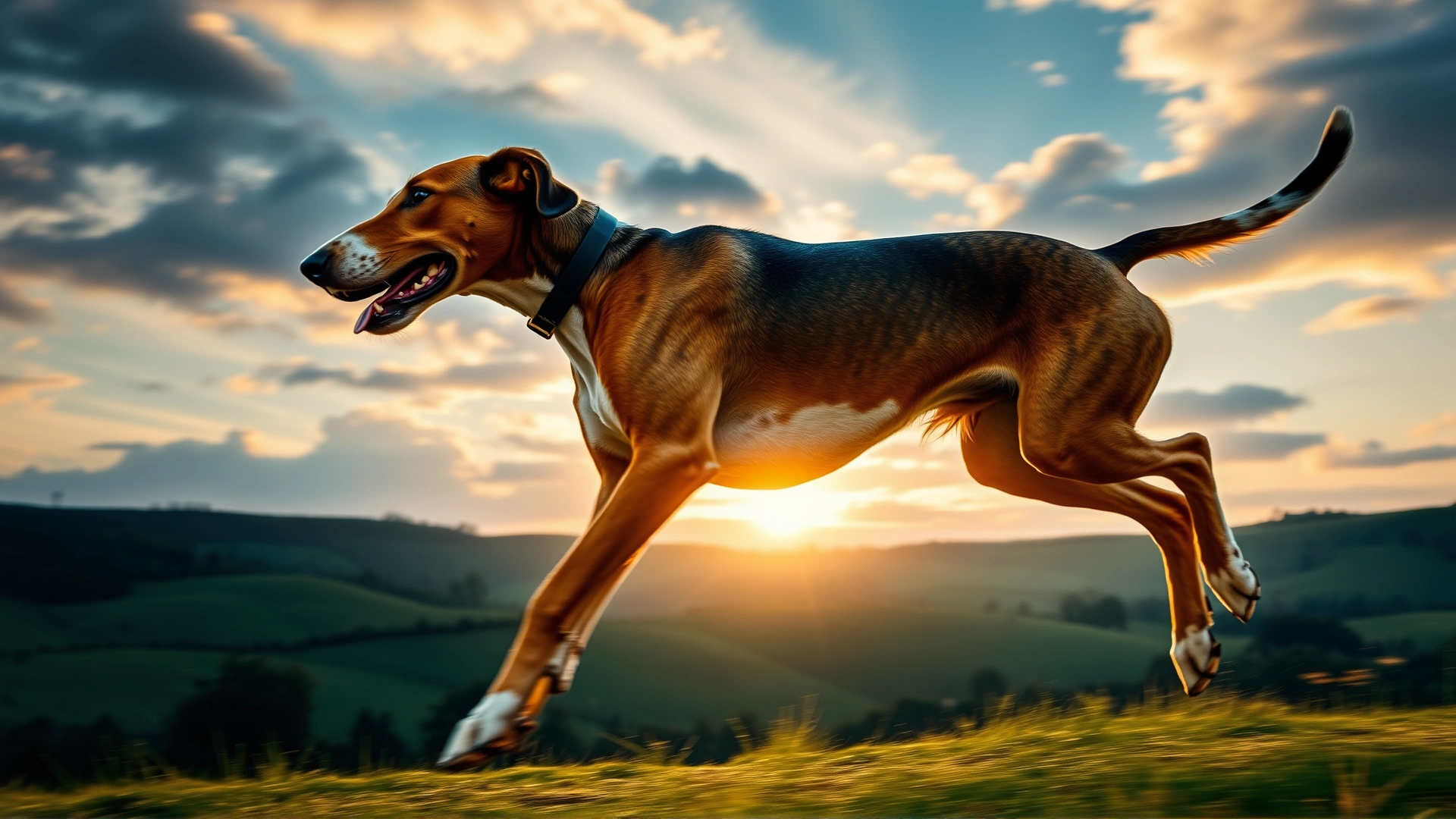 Wide-angle shot of an English Foxhound bounding through rolling English countryside, dramatic sunrise sky, motion blur on legs, high resolution