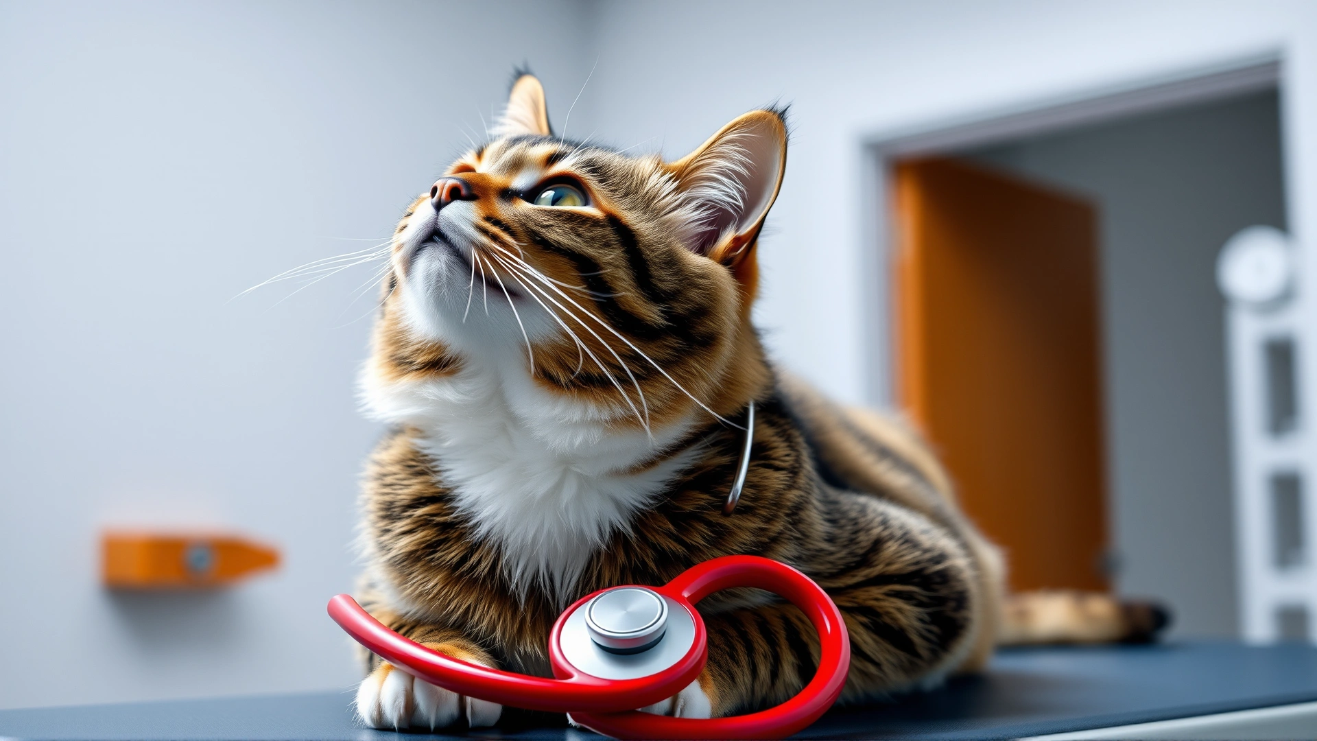 A healthy domestic short-haired tabby cat gently looking up while sitting on a veterinarian examination table with a red stethoscope loosely around its neck. Bright, clinical environment, high resolution.