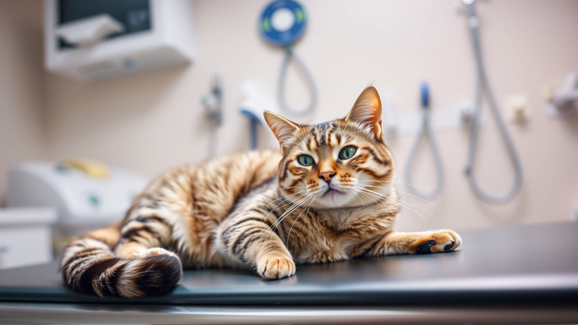 A wide shot of a calm cat lying on an examination table with a soft-focus background of veterinary equipment, creating a welcoming hero section.