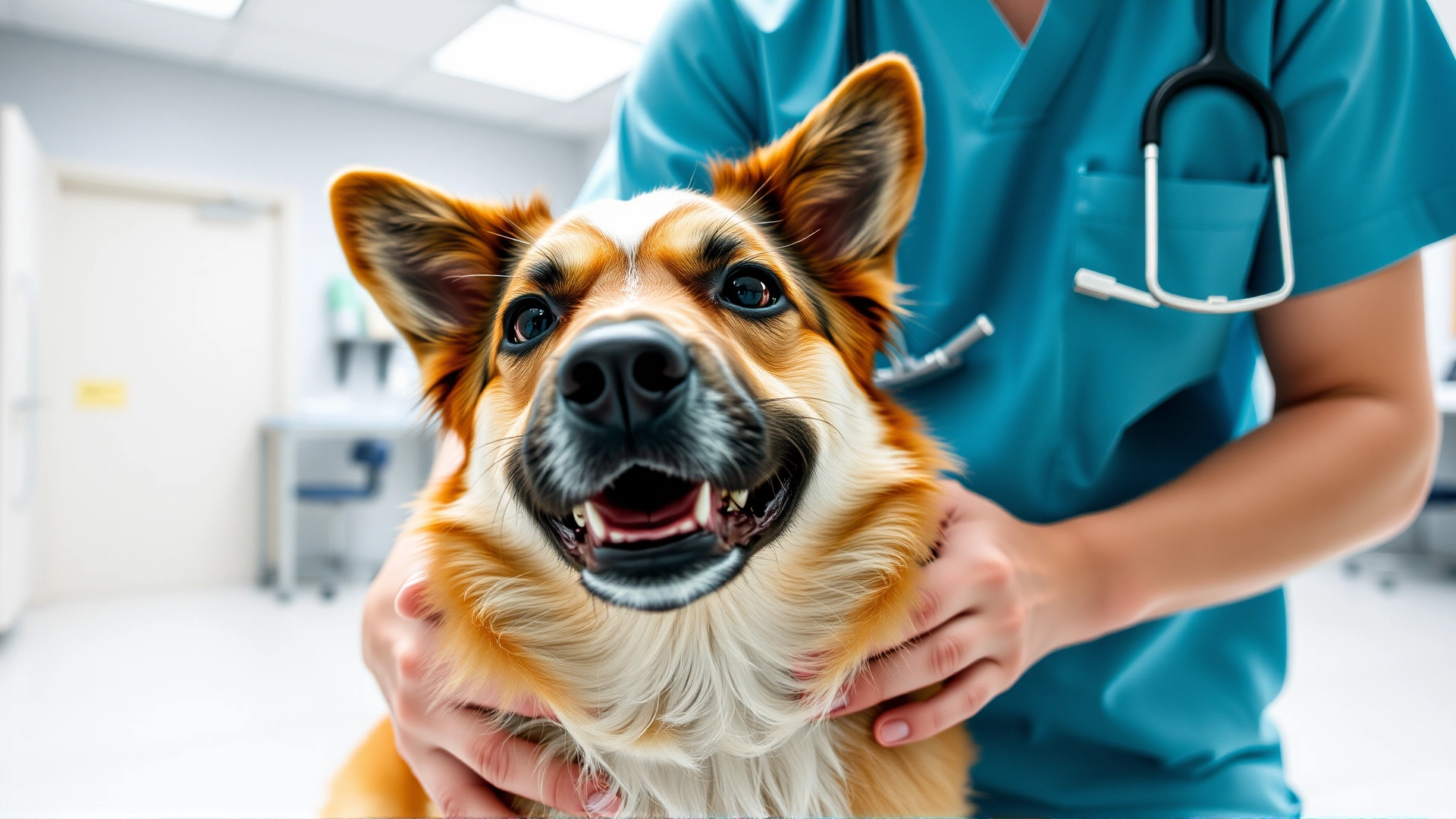A close-up photo of a friendly dog being comforted by its owner in a bright veterinary clinic, conveying care and medical attention.
