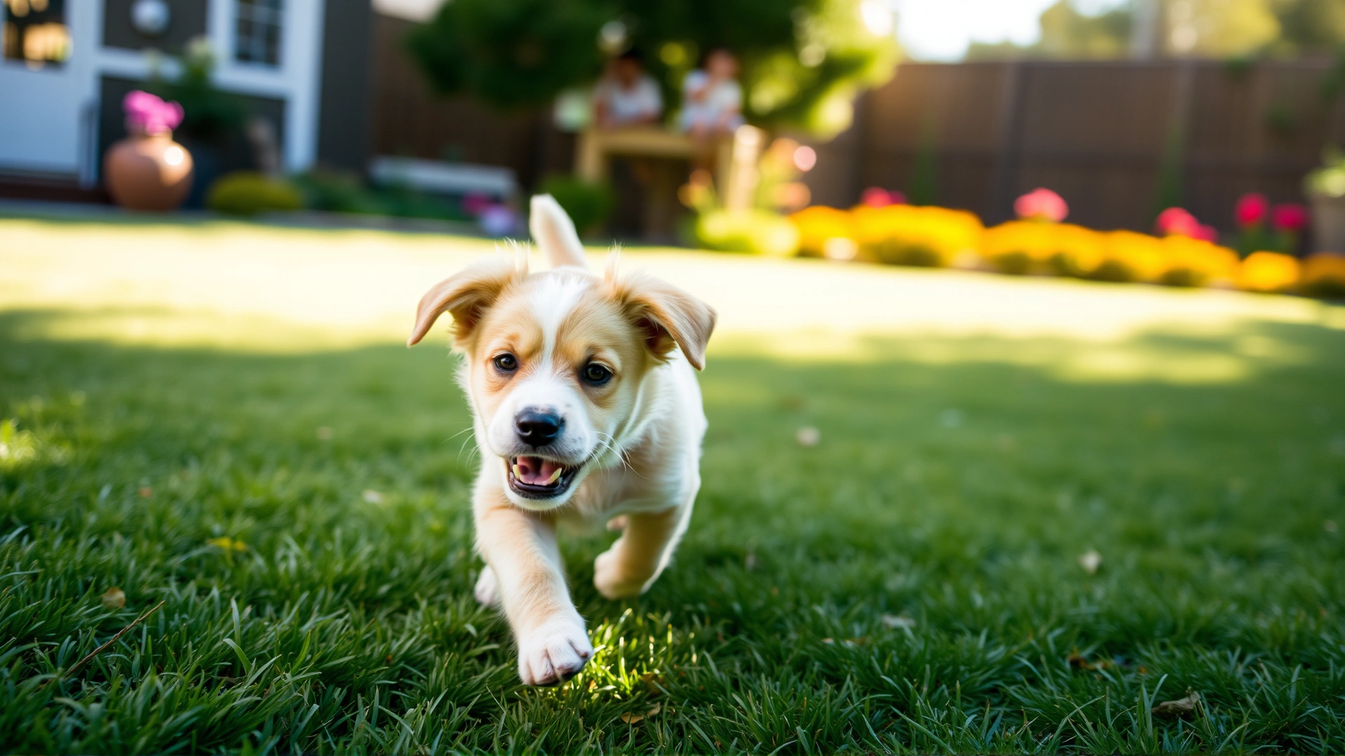 Playful puppy running toward the camera in a sunlit garden, slight motion blur for energetic feel, no text