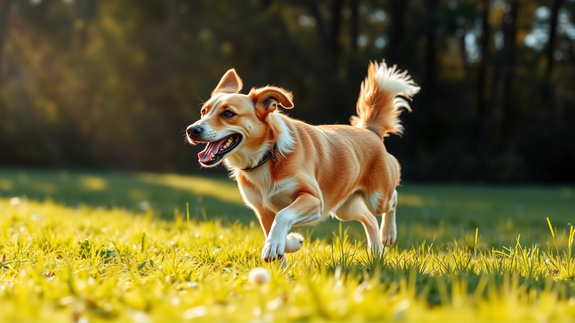 Wide shot of an active dog running through a sunlit grassy field, conveying energy and health, no text