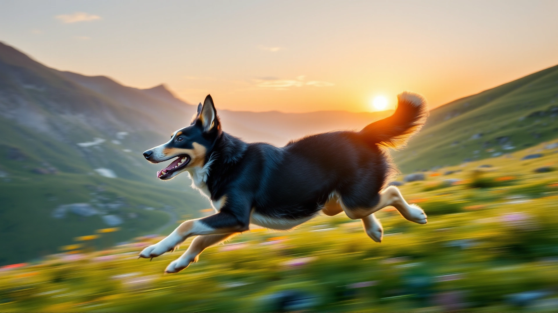 Wide-angle shot of an Entlebucher Mountain Dog sprinting across a vibrant Alpine meadow at sunrise with motion blur conveying energy.