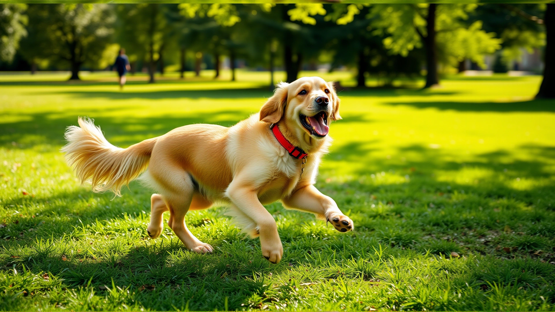 Golden Retriever running energetically in a sunlit green park wearing a red collar, conveying health and vitality