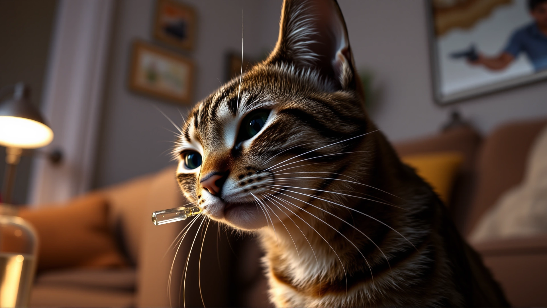 Close-up of a curious tabby cat sniffing a CBD oil dropper in a cozy living room with warm lighting