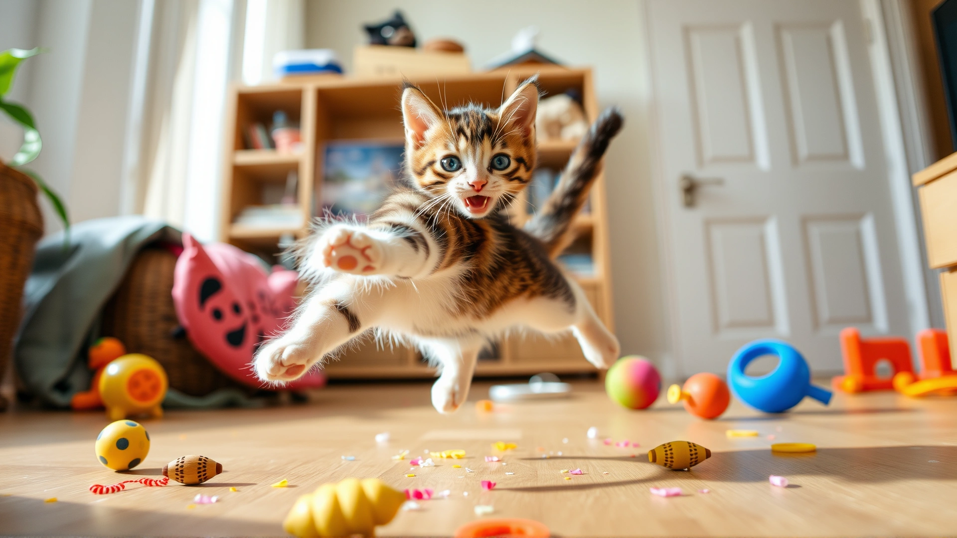 Wide banner photo of an energetic kitten mid-jump with scattered toys around, conveying lively but potentially mischievous behavior in a bright home setting.