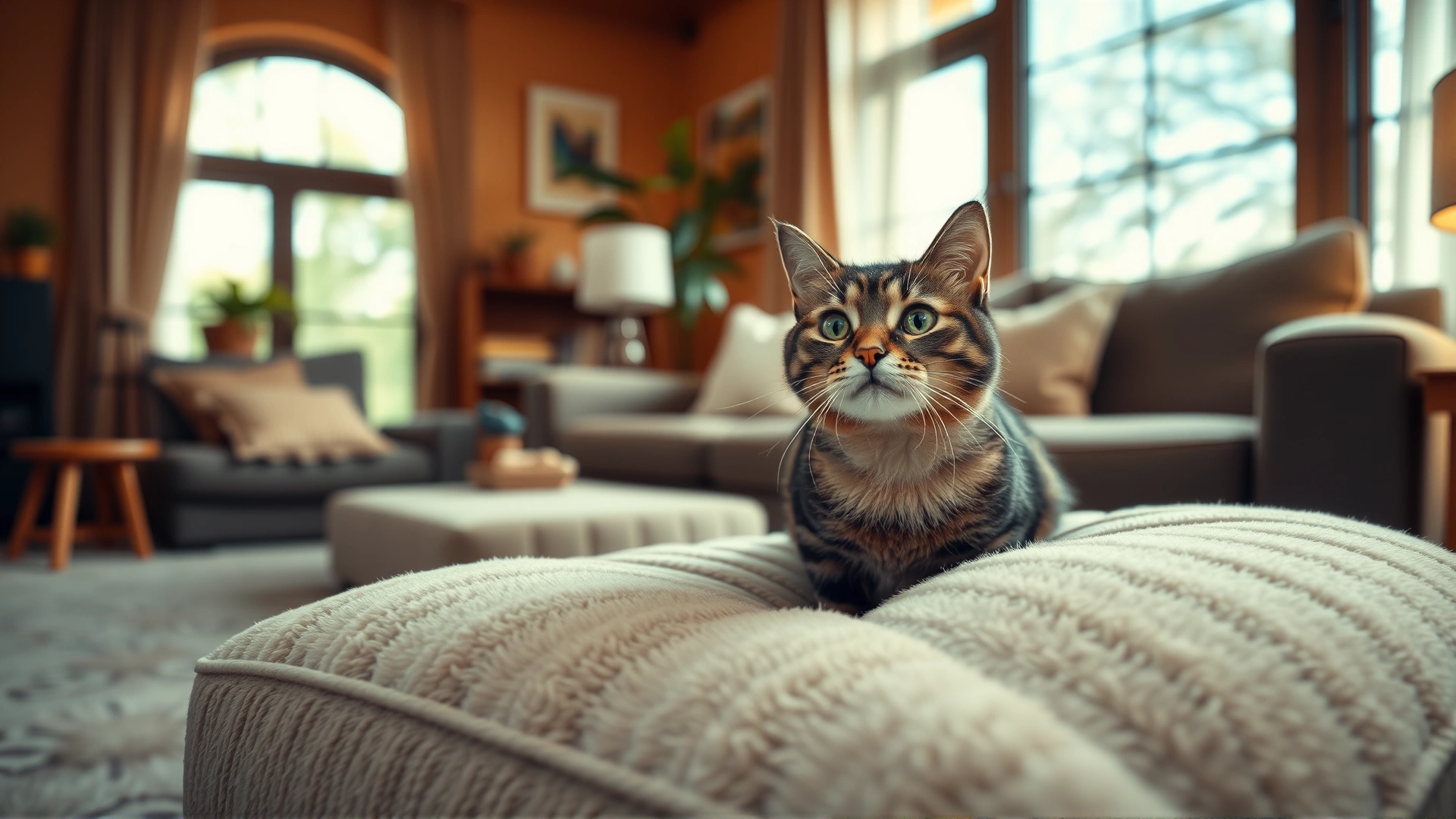 Wide-angle shot of a peaceful living room with a content cat sitting on a plush cushion, warm ambient lighting enhancing the cozy atmosphere.