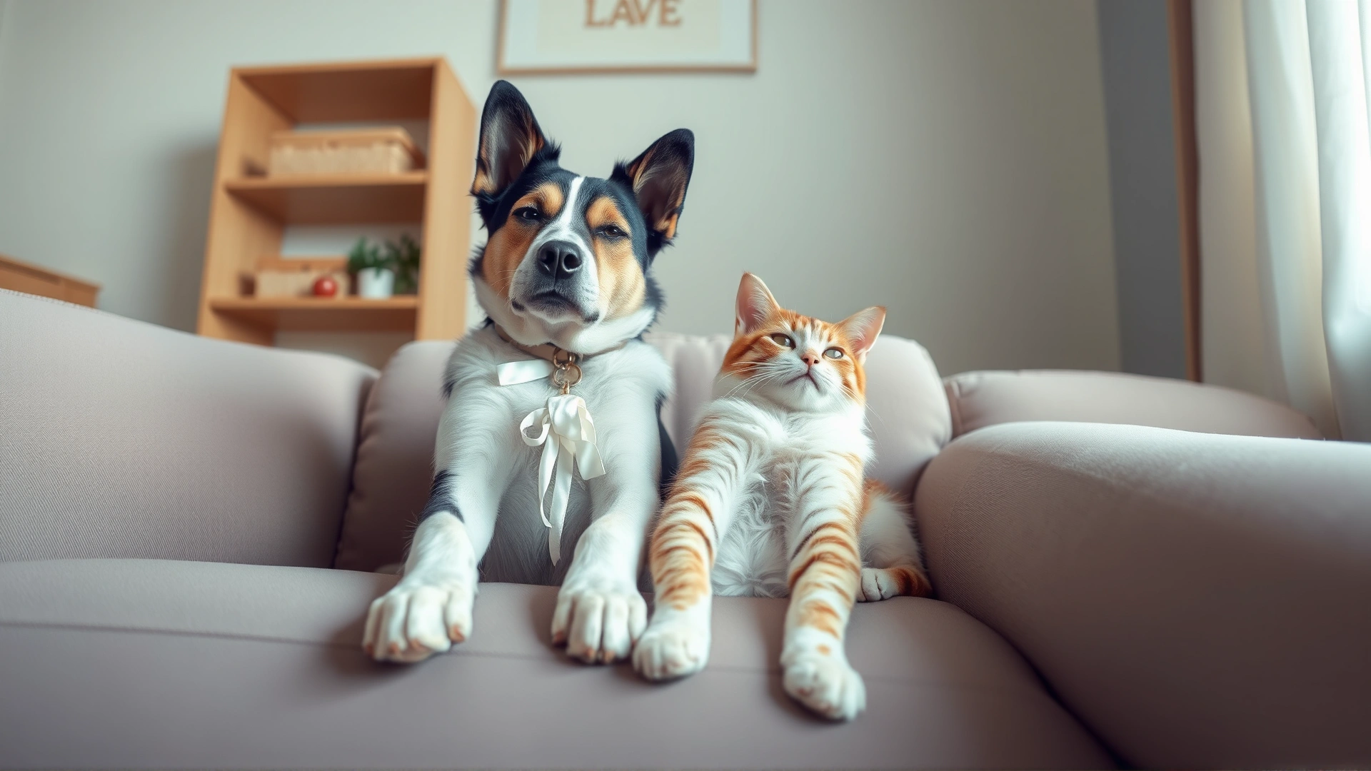 Wide-angle shot of a calm dog and cat sitting peacefully together on a sofa, with soft natural lighting and pastel color palette, conveying peace and companionship