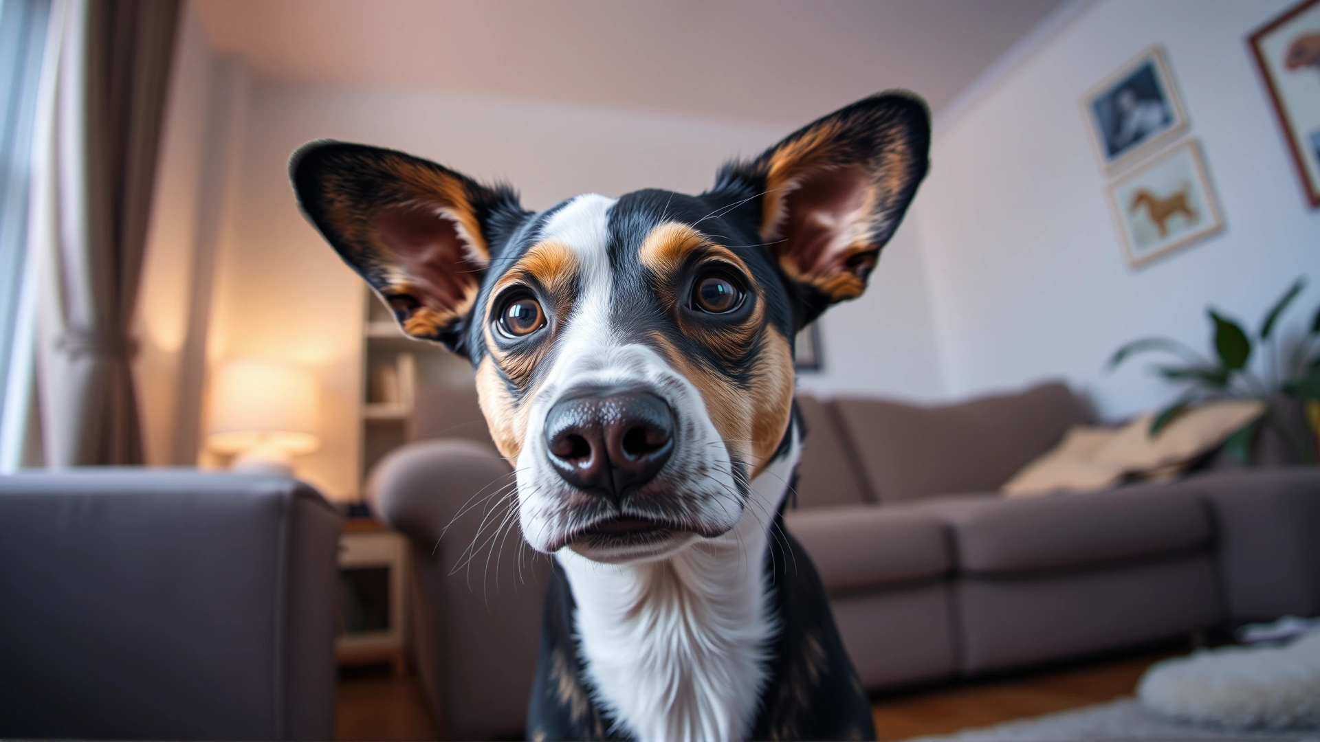 Wide angle image of a gentle-eyed dog looking slightly anxious, ears partially back, sitting in a softly lit living room.