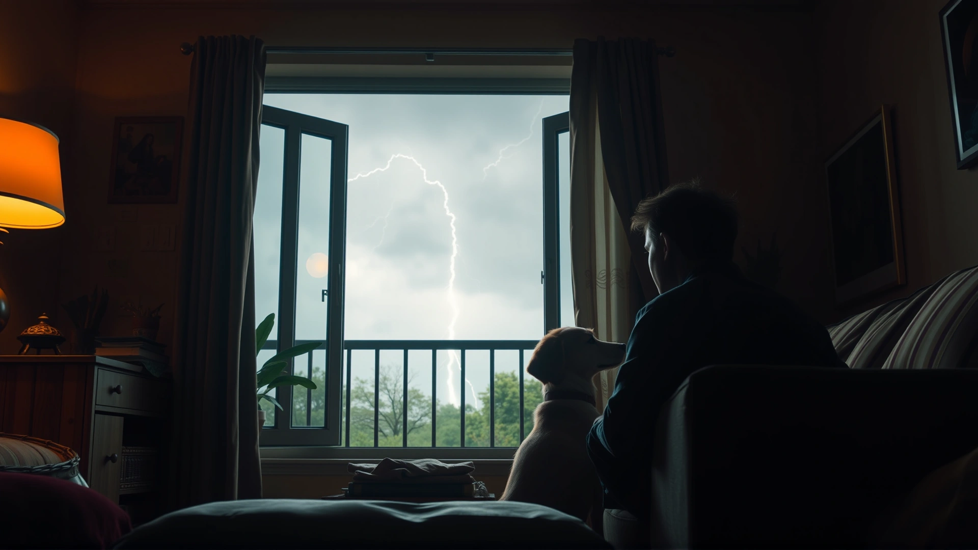 Wide-angle scene of a cozy living room with a dog sitting next to its owner while a thunderstorm is visible through the window; warm interior lighting contrasts with the dark storm outside.