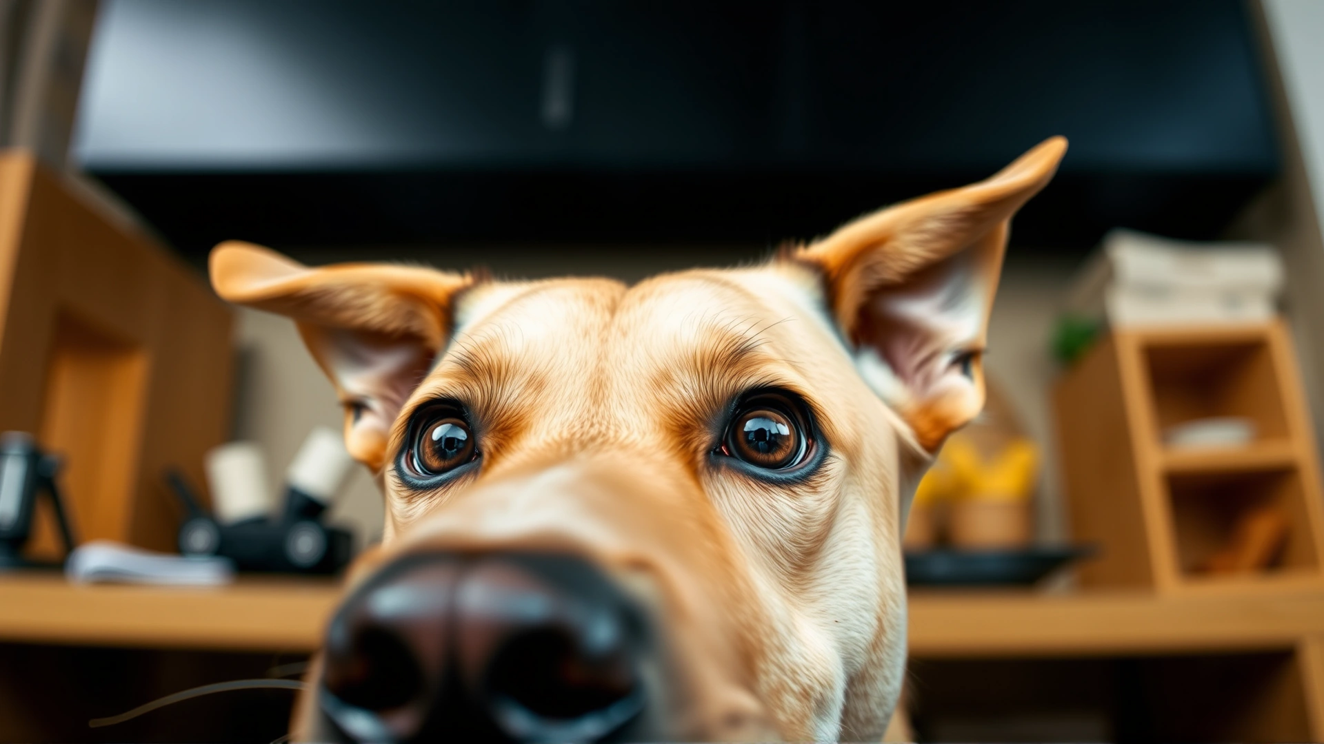 Close-up of a dog’s face showing subtle signs of anxiety (wide eyes, slightly pinned-back ears) with a blurred home interior background, warm tones, no text