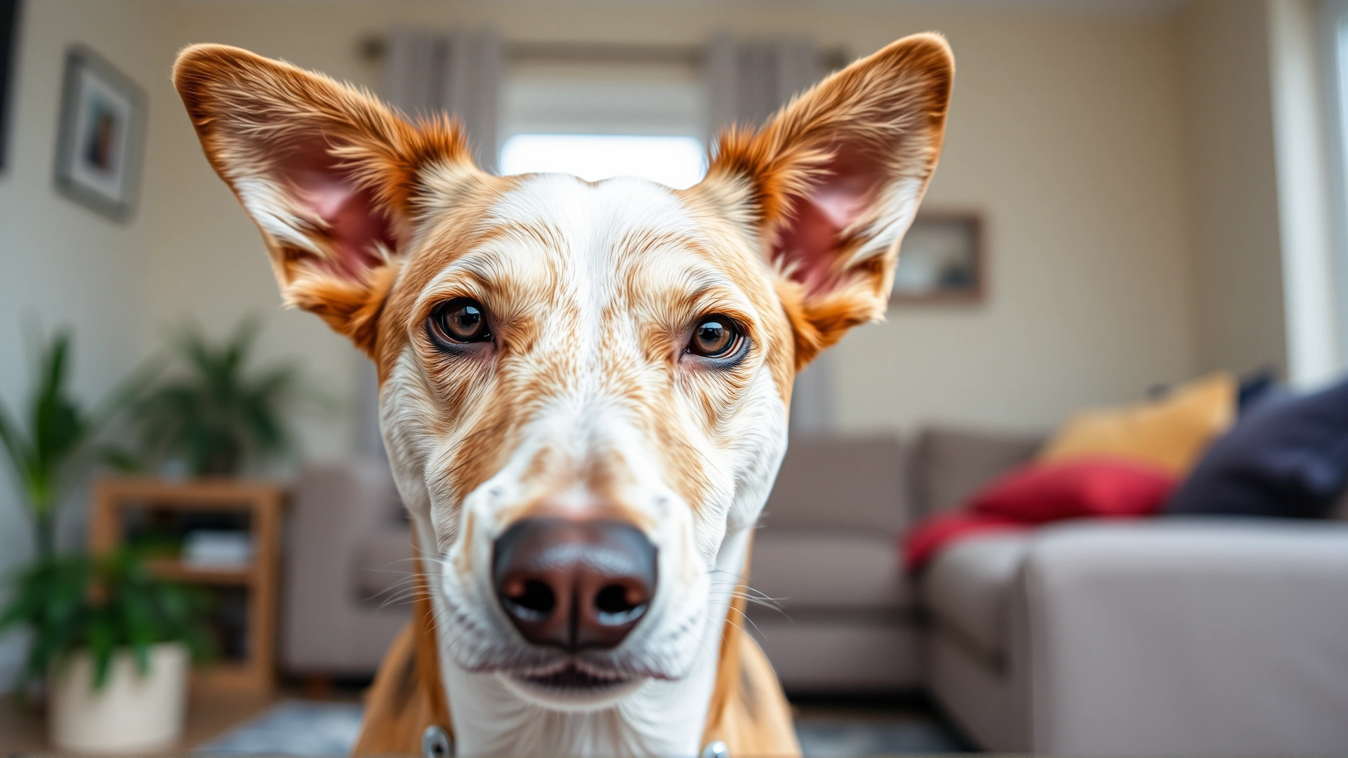 Close-up of a happy mixed-breed dog looking calm with a blurred living room background, conveying tranquility after treatment.