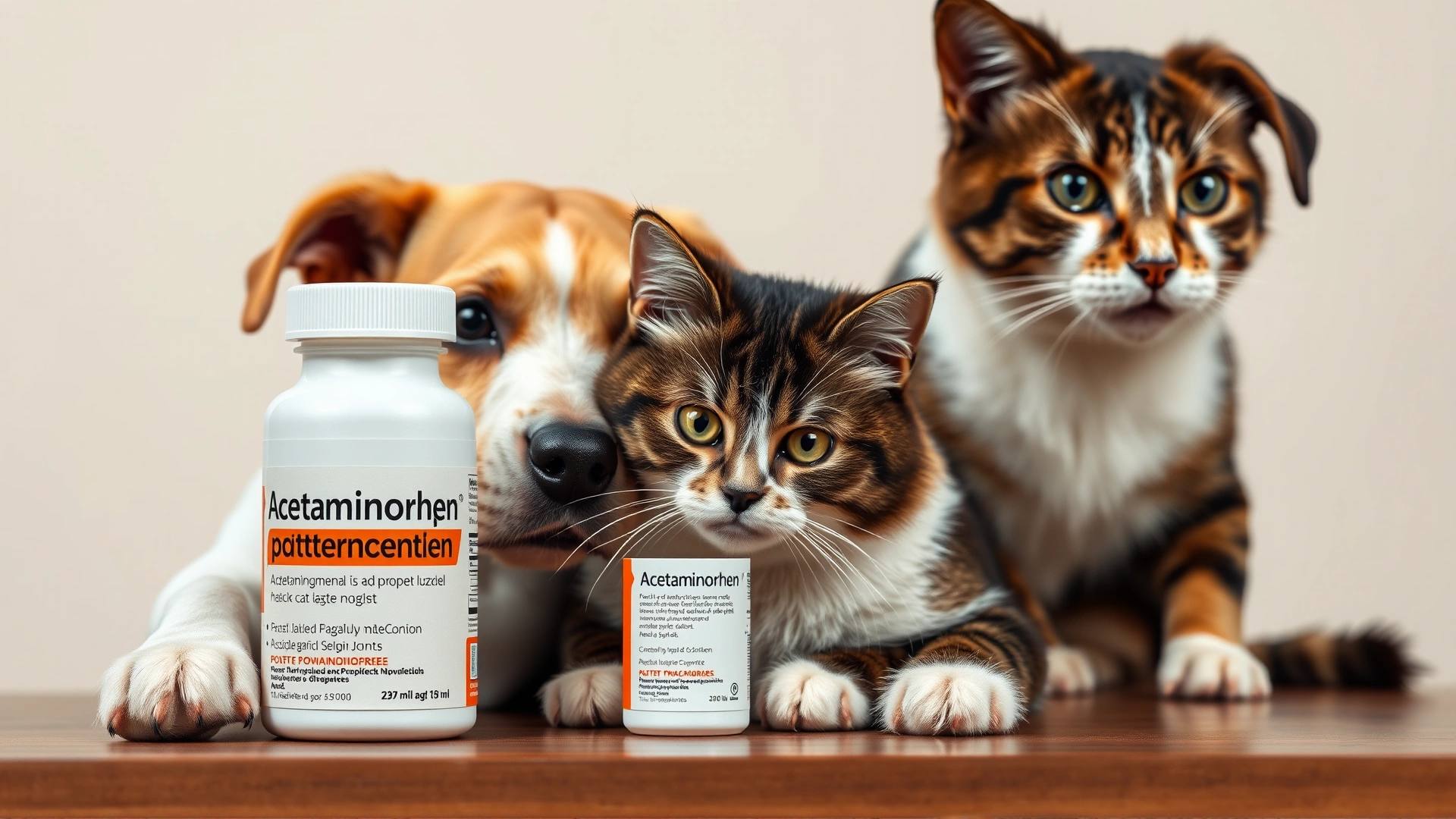 Close-up of a dog and a cat sitting next to a white medicine bottle labeled