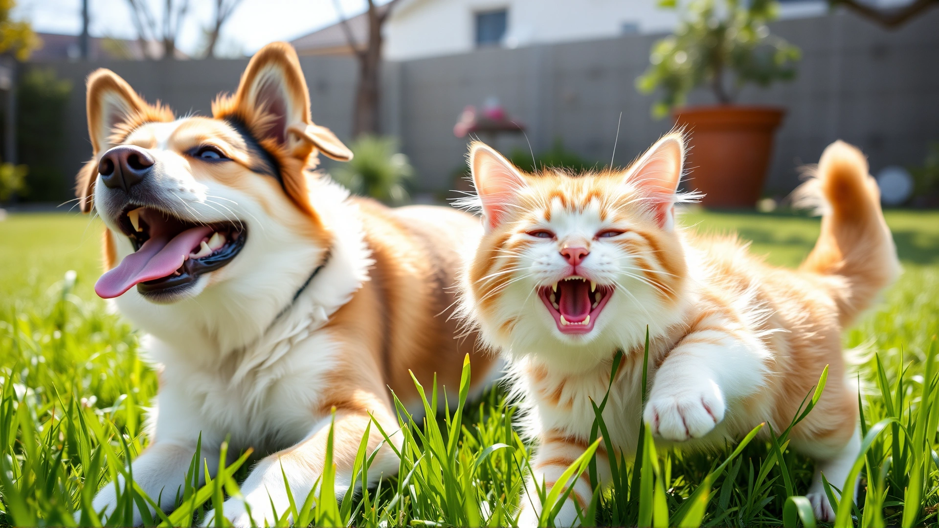 Happy dog and cat playing together on fresh green grass in a sunny backyard, embodying an active and parasite-free lifestyle.