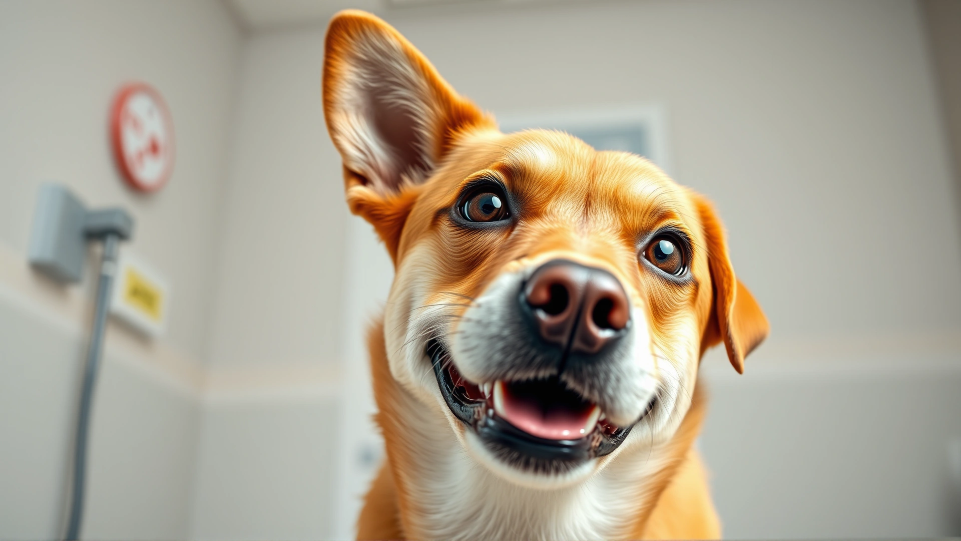 Close-up of a cheerful medium-sized dog looking directly at the camera with a soft veterinary clinic background, warm color tones, high resolution